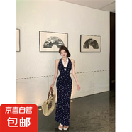 蝴蝶結(jié)碎花蕾絲v領(lǐng)掛脖連衣裙女夏茶歇法式收腰修身度假包臀長裙 藏藍(lán)色 2XL