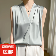 2025春夏新款法式精致V領(lǐng)緞面背心休閑無袖氣質(zhì)優(yōu)雅上衣/YTMA31-X 豆綠色 3XL