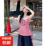 法式辣妹紅色格子吊帶小背心女夏季荷葉邊不規(guī)則海邊度假上衣外穿 紅色 【KK-R799】 XL