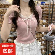 純棉粉色假兩件短袖T恤女夏薄款法式蕾絲多巴胺甜辣短款上衣 粉色 L 建議體重106-120斤