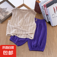 男童背心套裝女童新款洋氣兒童防蚊褲兩件套男孩無袖夏裝七分褲潮 燕麥色+紫色七分褲 100