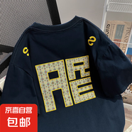 刺繡純棉短袖t恤男夏季潮牌休閑百搭打底衫情侶半袖寬松大碼體恤 W21藏青色 XL