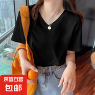 卡通純棉短袖白t恤女夏季2025新款寬松簡約體恤正肩上衣棉短T775# 純黑色V領 M 參考90-100斤