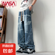 NASA BASE水洗牛仔褲男夏季新款復(fù)古寬松大碼直筒闊腿褲美式褲子 JYF-2560藍色 XL