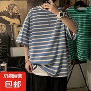 美式復(fù)古條紋短袖t恤男2025夏季寬松潮流港風(fēng)半袖學(xué)生情侶上衣DM 酷派689藍(lán)色 L