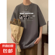 220克純棉復(fù)古潮牌男女情侶款夏季美式印花寬松短袖上衣服t恤 1014灰色【三圖動漫】 2XL