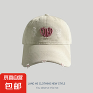 春夏新款牛仔破洞愛心刺繡棒球帽女甜美心形字母鴨舌帽遮陽帽子 米色 均碼 56-58cm