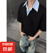 假兩件襯衫領(lǐng)短袖t恤男夏季潮牌高級感polo領(lǐng)痞帥寬松涼感半袖XH 黑色 L