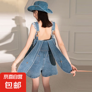 減齡氣質(zhì)兔耳朵牛仔背帶短褲女2025夏季薄款大碼洋氣連體褲胖妹妹 藍色 3XL