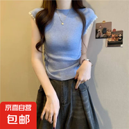 夏季新版粉色甜美小飛袖上衣女修身短款甜辣別致蕾絲拼接短袖T恤 藍色 S