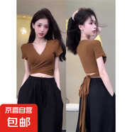 辣妹性感v領(lǐng)后背露腰綁帶短袖T恤夏季新款女裝短款修身顯瘦小上衣 咖色 M 【建議95-105斤】