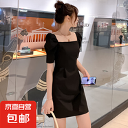 2025夏季新款泡泡袖連衣裙氣質(zhì)裙子修身顯瘦一字領(lǐng)女裝裙子 黑色 M