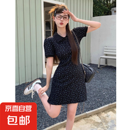 黑色polo領(lǐng)碎花針織短袖連衣裙女夏季2025新款修身翻領(lǐng)氣質(zhì)長(zhǎng)裙子 黑色短款 【KK-R1137】 2XL