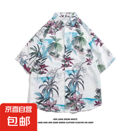 2025新款夏威夷風(fēng)碎花滿印短袖花襯衫男夏季寬松休閑沙灘襯衣外套 2112白色 L