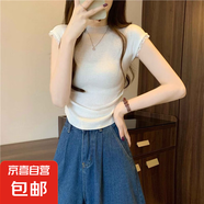 夏季新版粉色甜美小飛袖上衣女修身短款甜辣別致蕾絲拼接短袖T恤 白色 S