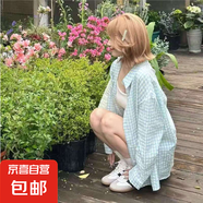韓系慵懶風藍綠色格紋POLO領襯衣女夏季多巴胺薄款寬松防曬上衣 藍綠色 2XL 建議130-150斤