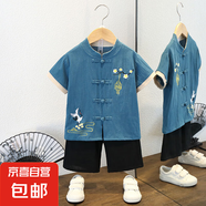 兒童裝漢服2025新款唐裝夏季寶寶男童夏款古裝男孩中國風(fēng)古裝套裝 花朵鶴套裝藍(lán)色 110