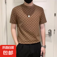 輕奢高端短袖t恤男士短袖圓領(lǐng)提花體恤衫2025夏季潮流百搭上衣QP 0663服飾D238咖啡色 3XL