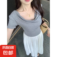 甜美一字肩短袖t恤女夏季2025款正肩粉色甜辣風蕩領純欲修身T恤QP 可可女裝R312灰色 2XL