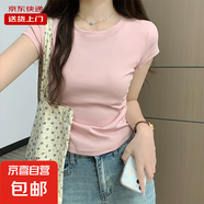 夏季純色棉質(zhì)V領(lǐng)正肩短袖T恤女褶皺設(shè)計(jì)感短款小個(gè)子顯瘦RL#K006 K005#粉色【圓領(lǐng)】 2XL 【120-135斤】