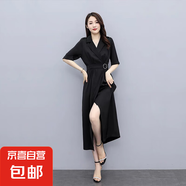 2025年新款氣質(zhì)風(fēng)衣式雪紡黑色連衣裙女夏赫本風(fēng)爆款收腰小黑裙子 黑色 SBY21B0602 2XL