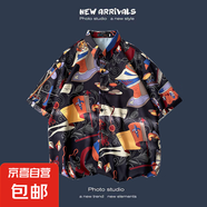 夏季新款韓版ins港風(fēng)復(fù)古碎花薄款情侶襯衣上衣寬松短袖襯衫男潮 1164黑色 3XL