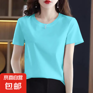 外穿純棉短袖t恤女寬松薄款洋氣別致正肩半袖打底衫2025新款上衣 淺蘭【純色】 XL 【建議105-115斤】