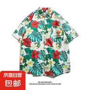 東南亞夏威夷短袖花襯衫五分袖男女同款情侶沙灘度假夏季碎花襯衣 5108白色 XL