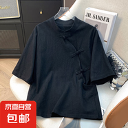 夏季新款斜襟盤(pán)扣凈色禪意氣質(zhì)棉麻女裝立領(lǐng)新中式短袖襯衫上衣 黑色 287 3XL