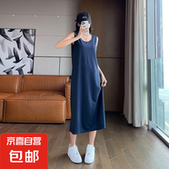 夏季無袖韓版寬松純色長裙背心連衣裙背心針織高級感休閑過膝長裙 青灰色 L