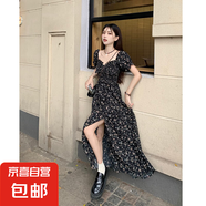 2025夏季新款法式赫本風小眾氣質收腰顯瘦長裙黑色碎花連衣裙女 黑色 【KK-2274】 2XL