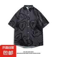 潮牌小眾ins短袖襯衣男BF夏季休閑沙灘印花襯衫街頭寬松半袖上衣 3114深灰色 L