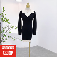 6582秋冬季純欲甜辣美式翻領(lǐng)黑色修身性感包臀拼色高腰連衣裙短裙 黑色 M