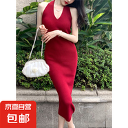 港味復(fù)古掛脖連衣裙2025夏季新款v領(lǐng)修身顯瘦漏背性感連衣裙3368 酒紅色 S