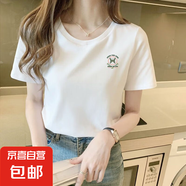 2025夏季新款潮牌休閑短袖t恤女正肩寬松顯瘦百搭圓領打底衫T恤SN 鮮花綠蝴蝶圓領短T白色 M