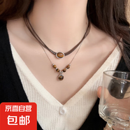 復古皮革虎眼石項鏈女中式疊戴choker小眾頸鏈百搭氣質(zhì)鎖骨鏈配飾 單層+雙層組合兩件套【2條裝】