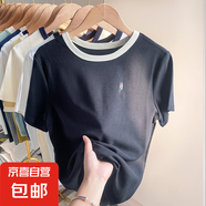 杏色棉質(zhì)短袖女裝夏季2025新款設計感刺繡T恤薄款華夫格顯瘦上衣 藏藍 XL