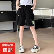 女童褲子2025夏裝洋氣熱褲兒童中大童休閑山本工裝褲透氣冰絲短褲 黑色 150