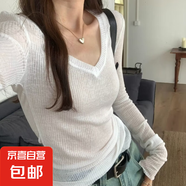 小眾設(shè)計(jì)感V領(lǐng)透視薄款長袖T恤女2025春夏修身顯瘦針織打底衫上衣 白色 S