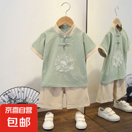 男童唐裝夏裝短袖套裝中國風(fēng)禮服兒童漢服帥氣棉麻薄款童裝兩件套 飛龍?jiān)谔焯籽b豆綠色 90