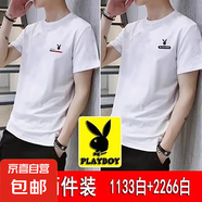 花花公子【100%棉】2件裝2025款短袖t恤男夏季潮流百搭圓領(lǐng)體恤衫 1133白色+2266白色 短T恤 XL 建議【120-135斤】
