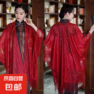 新款純色夏季蕾絲鏤空流蘇刺繡披肩女優(yōu)雅性感外搭氣質(zhì)配旗袍絲巾 連袖披肩酒紅色