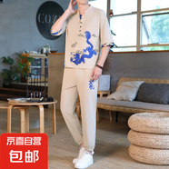 2025漢服國潮民族風(fēng)兩件套裝新中式中國風(fēng)刺繡套裝短袖長褲唐裝 G10908/56012卡其色 【套裝】 L /170【推薦110-130斤】