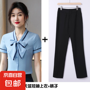 灰色蝴蝶結(jié)短袖白襯衫職業(yè)套裝女酒店空姐餐飲服務(wù)員工作服夏季 藍(lán)色襯衫+黑色西褲（AS6972） S
