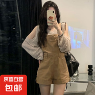 減齡氣質(zhì)設(shè)計(jì)感牛仔背帶短褲女夏季薄款大碼寬松顯瘦連體褲胖妹妹 卡其色牛仔背帶短褲單件 XL