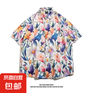 東南亞夏威夷短袖花襯衫五分袖男女同款情侶沙灘度假夏季碎花襯衣 5125白色 2XL