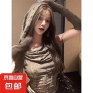 沙丘廢土風(fēng)辣妹連帽破洞短袖t恤女夏季設(shè)計感小眾緊身內(nèi)搭短T恤QP 可可女裝R309深灰色 M