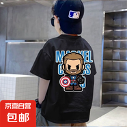 2025純色童裝卡通蜘蛛俠兒童印花短袖男孩t恤夏裝中大童半袖上衣 黑色-美國隊長前后 150