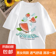 T恤男女同款五分袖半袖體恤潮流卡通情侶寬松五分袖夏季衣服件 西瓜白色 L