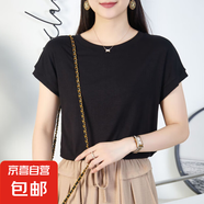 2025蝙蝠袖T恤女圓領(lǐng)夏季純色簡(jiǎn)約小飛袖休閑百搭寬松短袖體恤女 黑色 XL